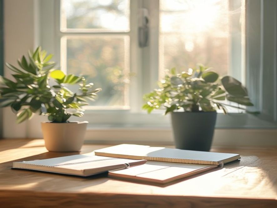 Organized workspace with productivity tools, plants, and balanced lighting setup