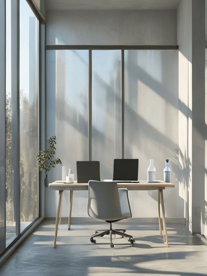 Calm professional workspace with natural light and balanced productivity setup